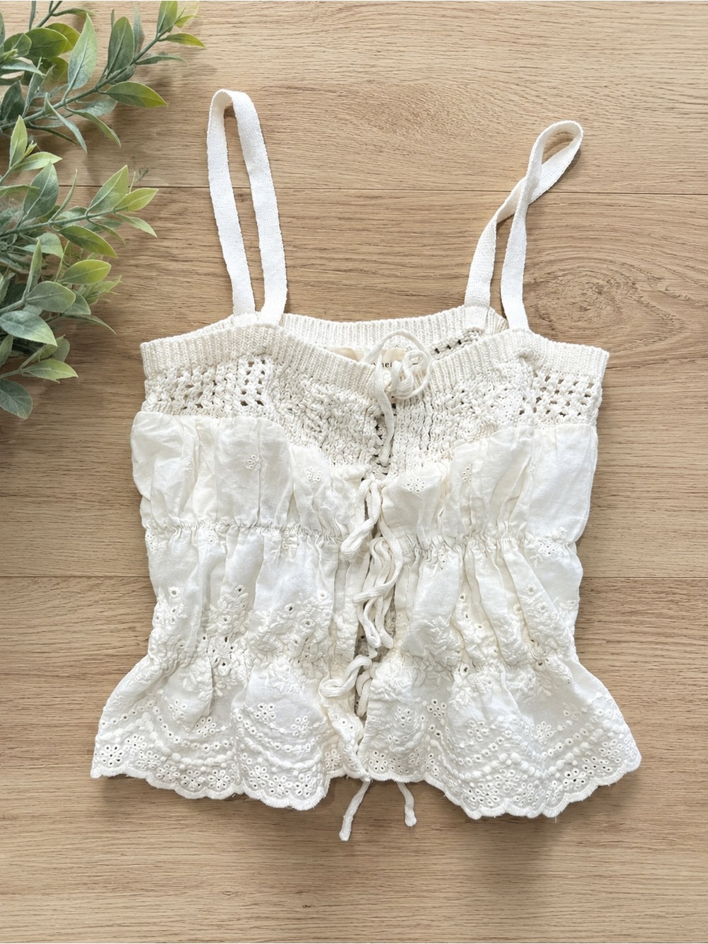 By Together Cream Crochet Tie-Front Eyelet Cami